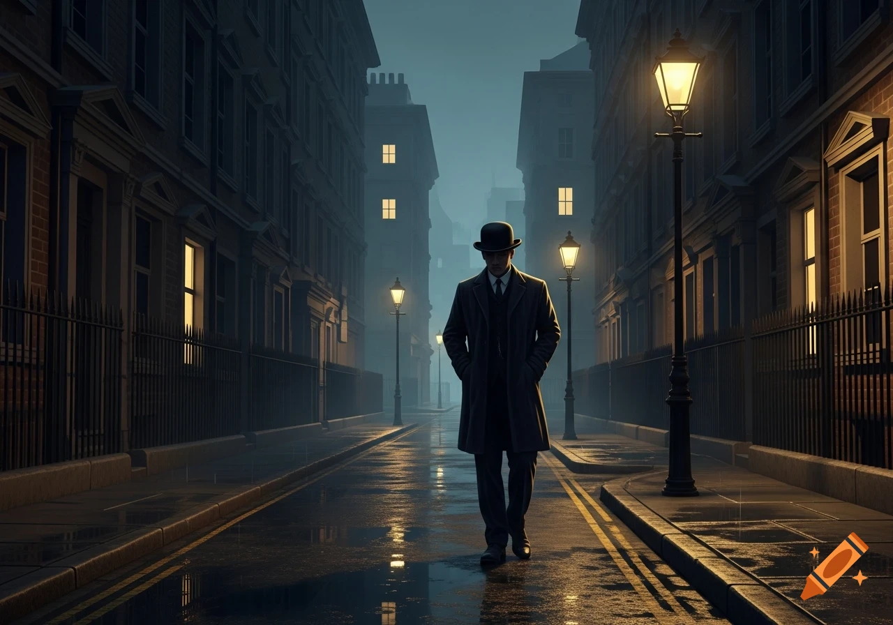 A man in a bowler hat and long coat walks down a dark, wet city street lit by streetlamps.
