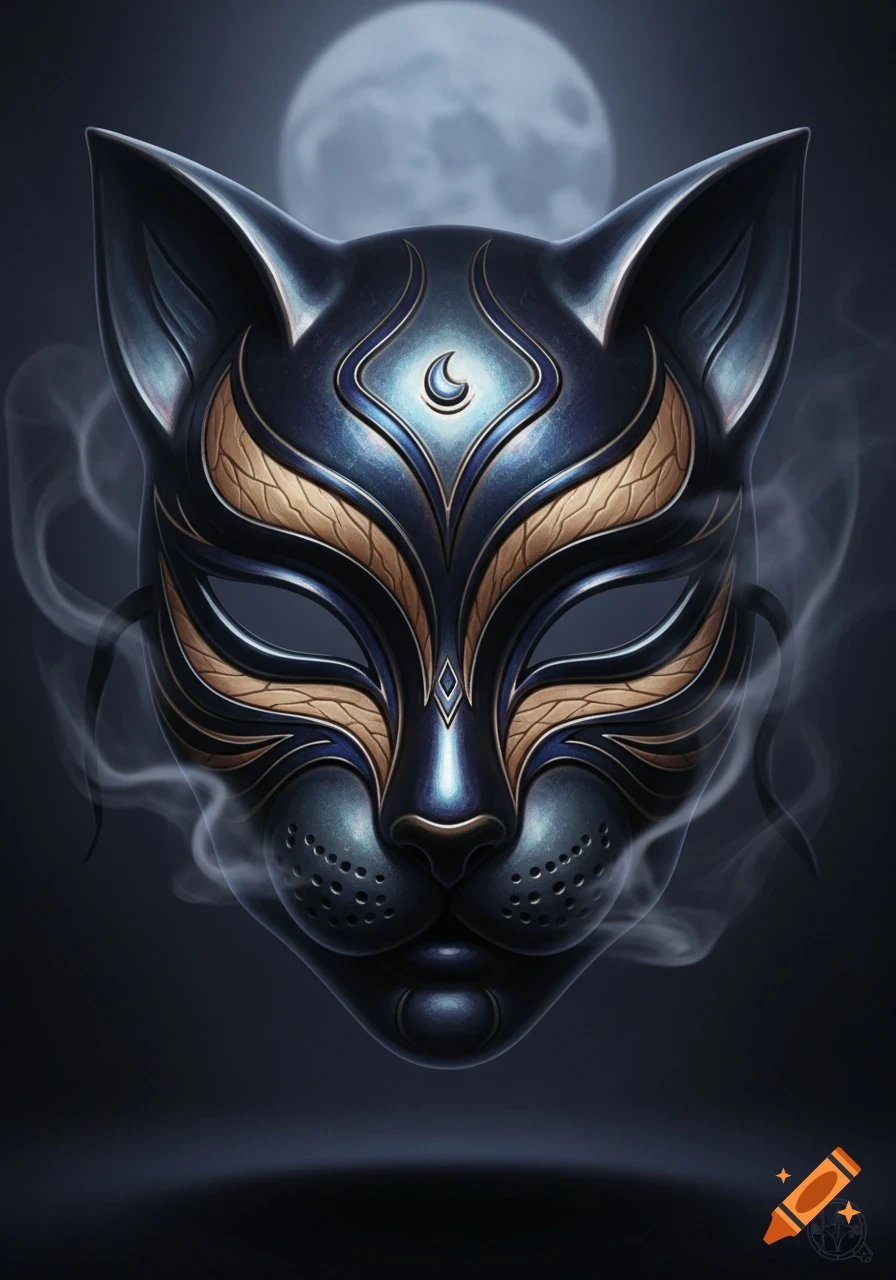 Ornate dark blue and gold cat mask with a crescent moon symbol, shrouded in smoke against a full moon.