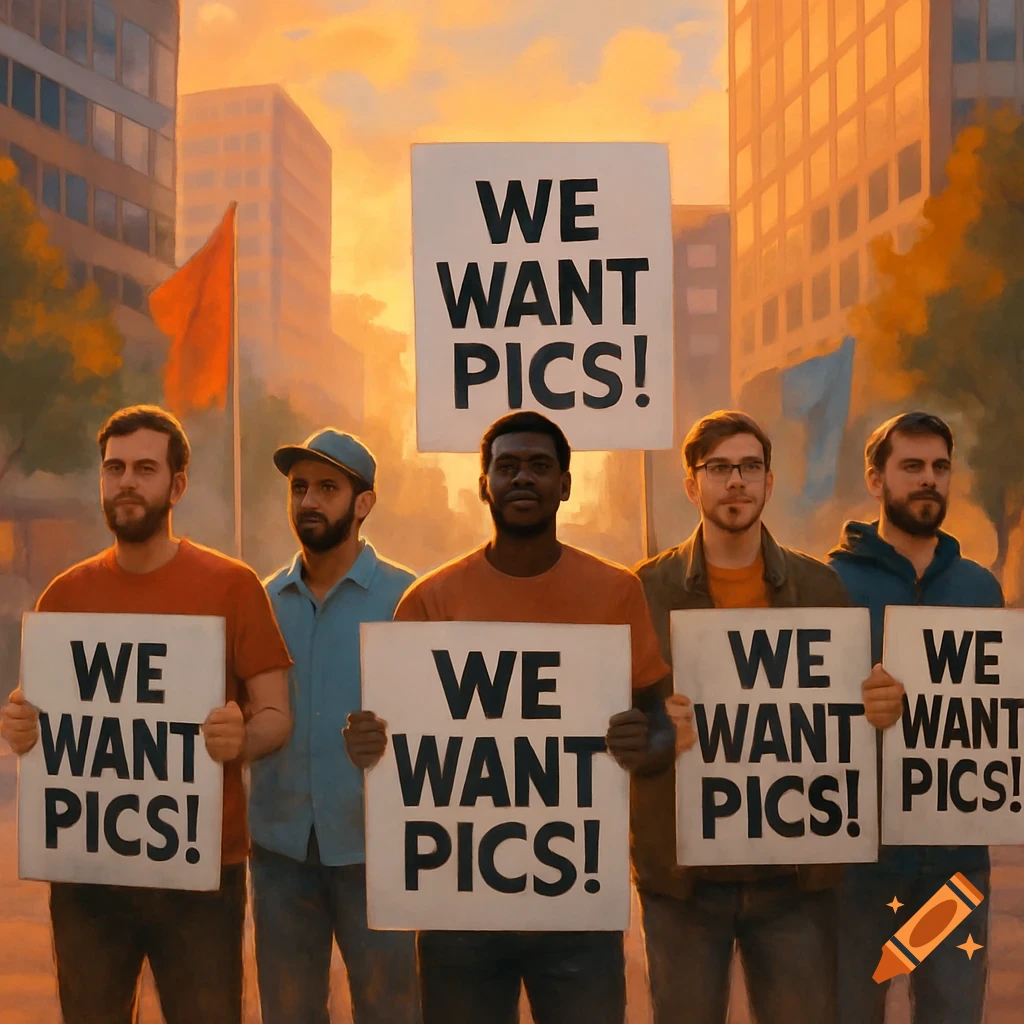 Five men protest in a city street at sunset, holding signs that read 'WE WANT PICS!'.