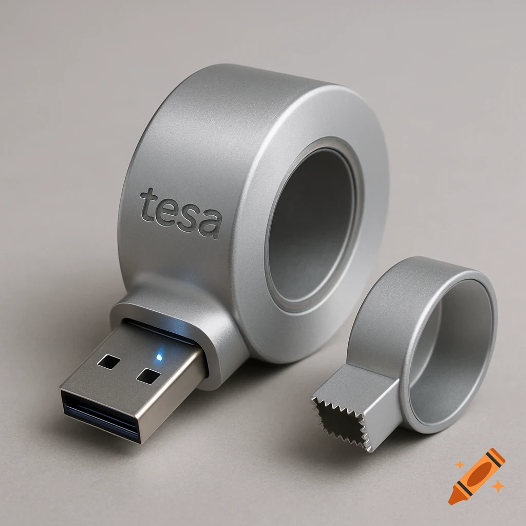 Silver USB flash drive shaped like a tape dispenser with 'tesa' embossed, beside a matching tape cutter part.