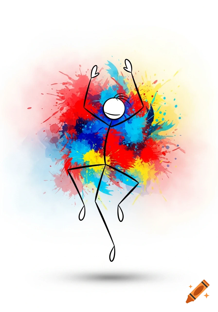 A black stick figure with a smiling face jumps with arms raised, surrounded by vibrant red, blue, and yellow watercolor paint splashes on a white background.