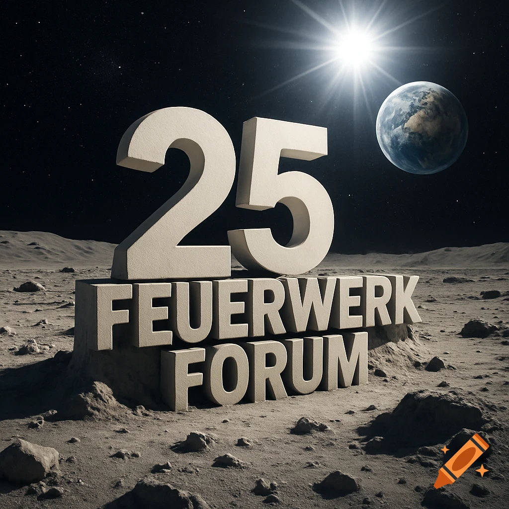 Photorealistic scene of large numbers "25" and "FEUERWERK FORUM" on a rocky moon surface with Earth and a bright sun in the starry background.