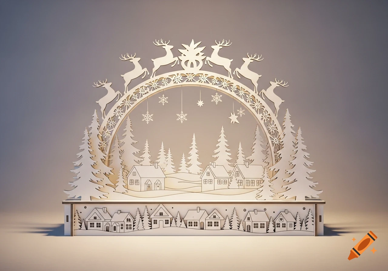 Detailed white layered wooden Christmas arch featuring reindeer, snowy pine trees, and a winter village scene.