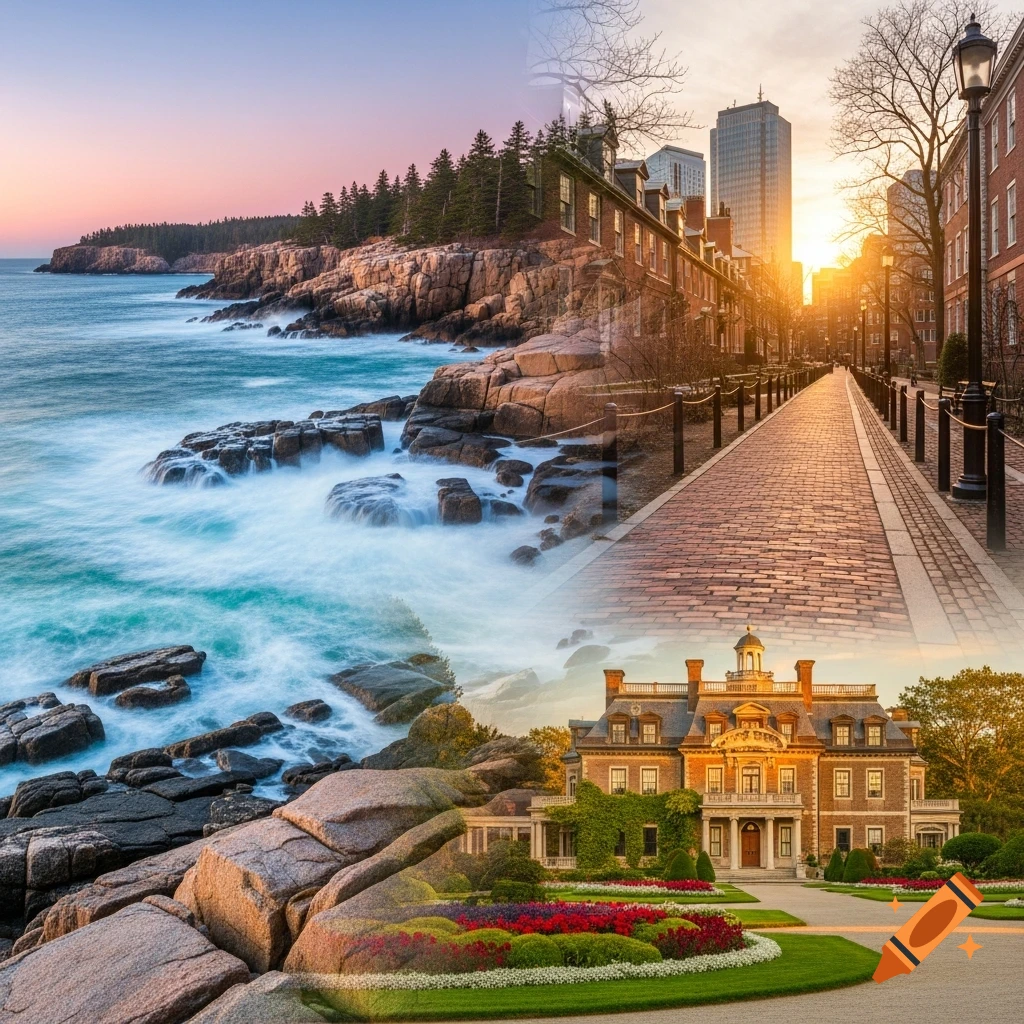 A creative composite image featuring three distinct scenes: a rocky coastline with foamy waves, a historic brick-paved street at sunset, and a grand mansion with manicured gardens.