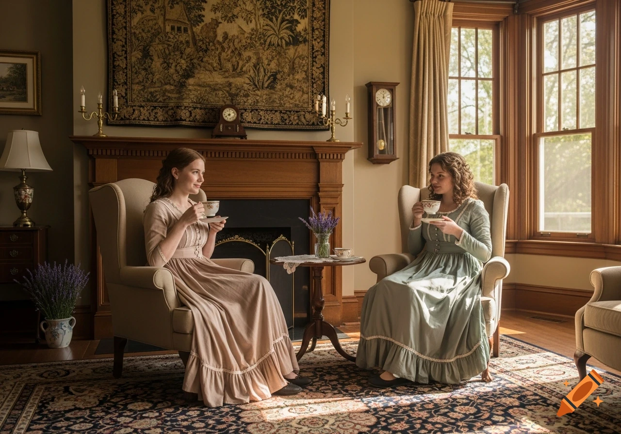 Two young women in historical dresses are seated in armchairs, drinking tea in a richly decorated living room with a large tapestry and wooden windows.