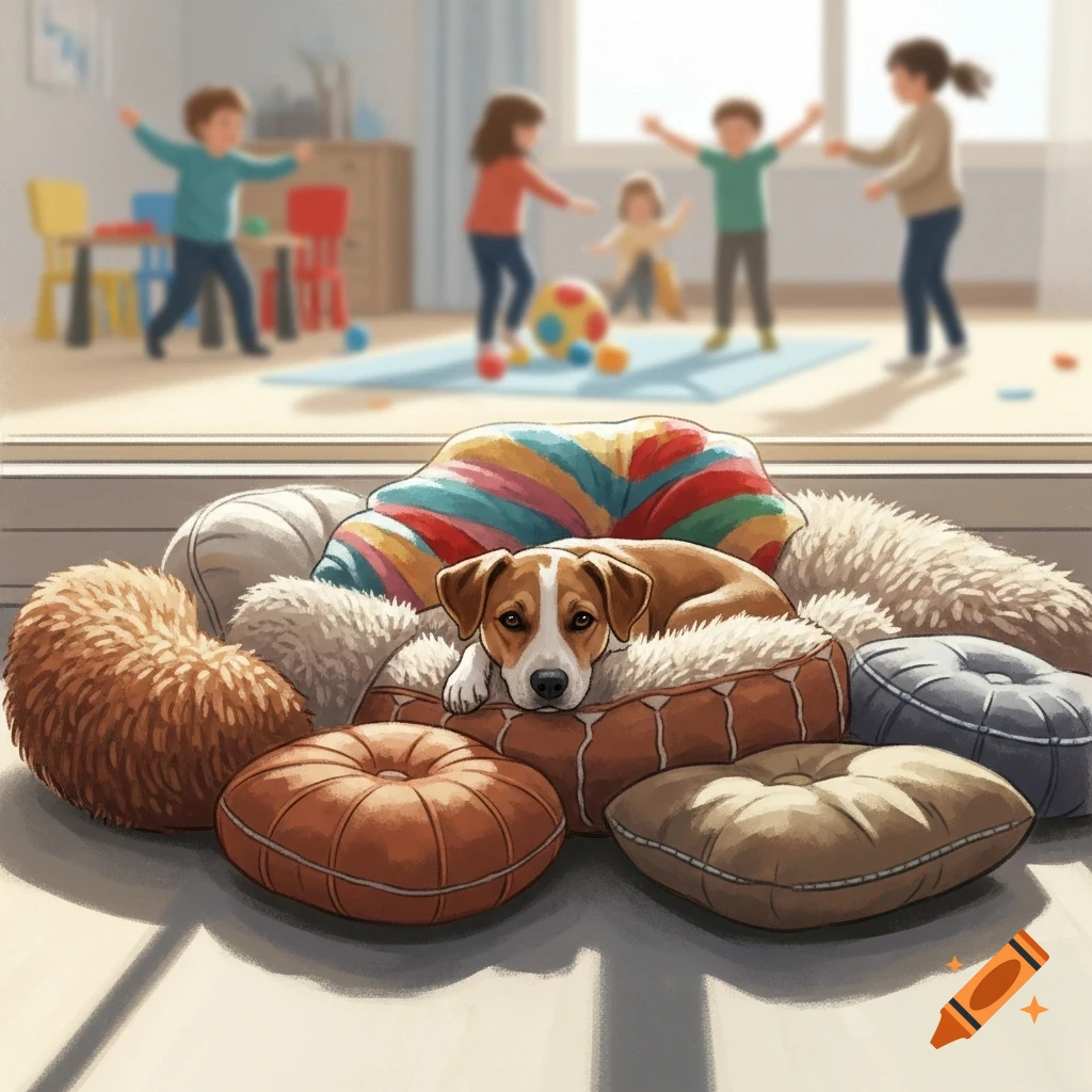 A brown and white dog lies comfortably on a pile of cushions in the foreground, with blurred children playing in the background.