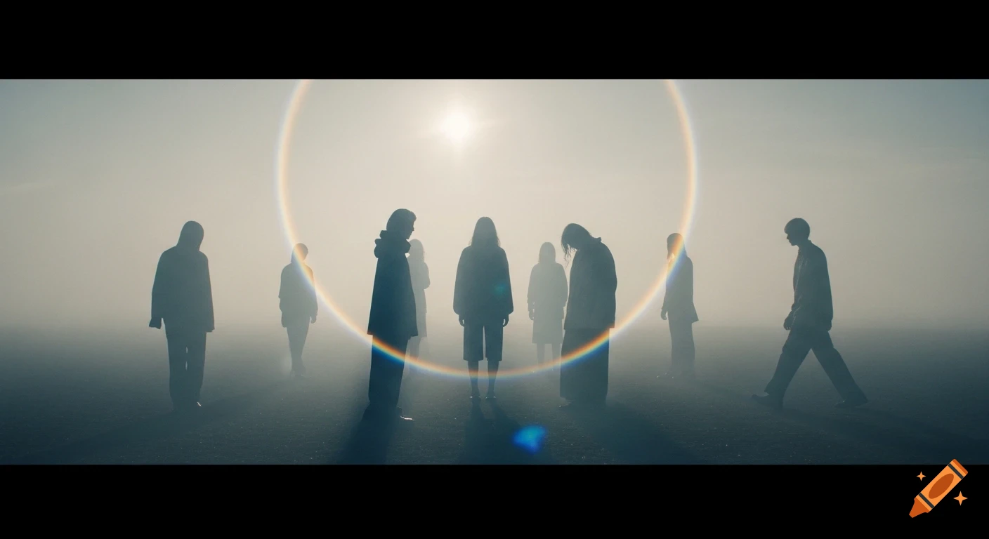 Silhouetted people stand in a foggy landscape with a bright, haloed light source behind them, creating an atmospheric, cinematic scene.