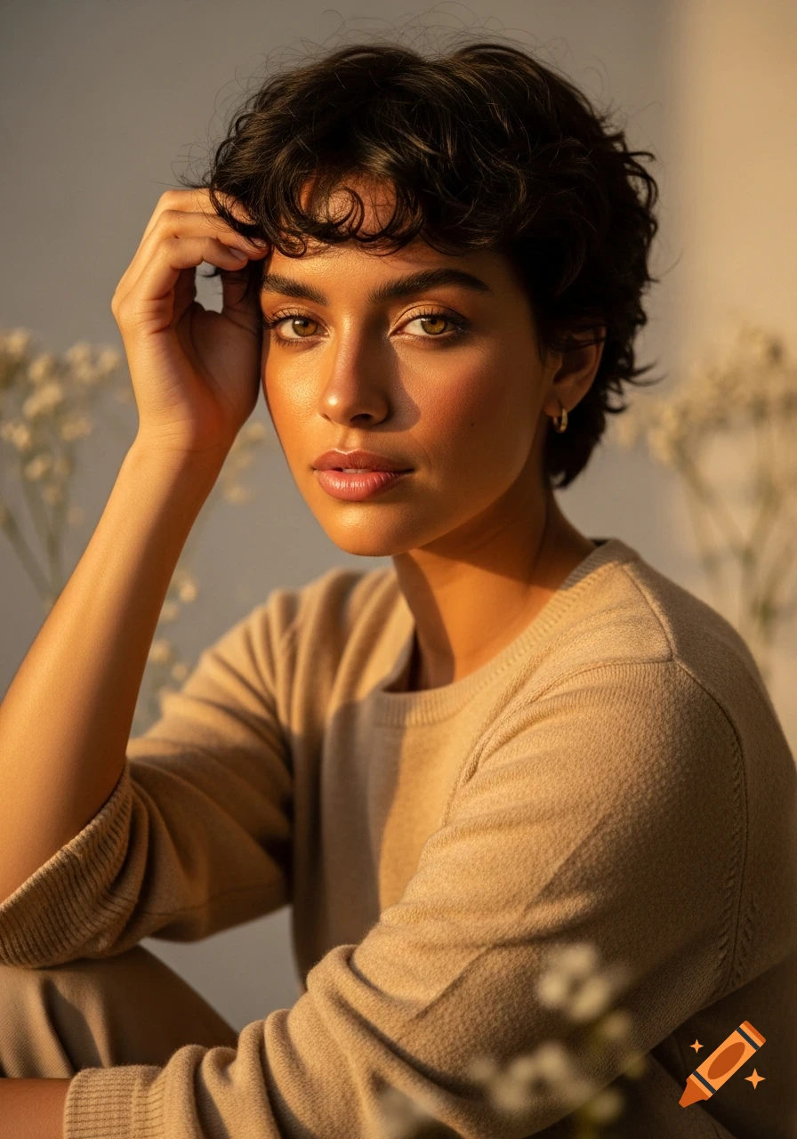 Photorealistic portrait of a young woman with short curly dark hair and ...