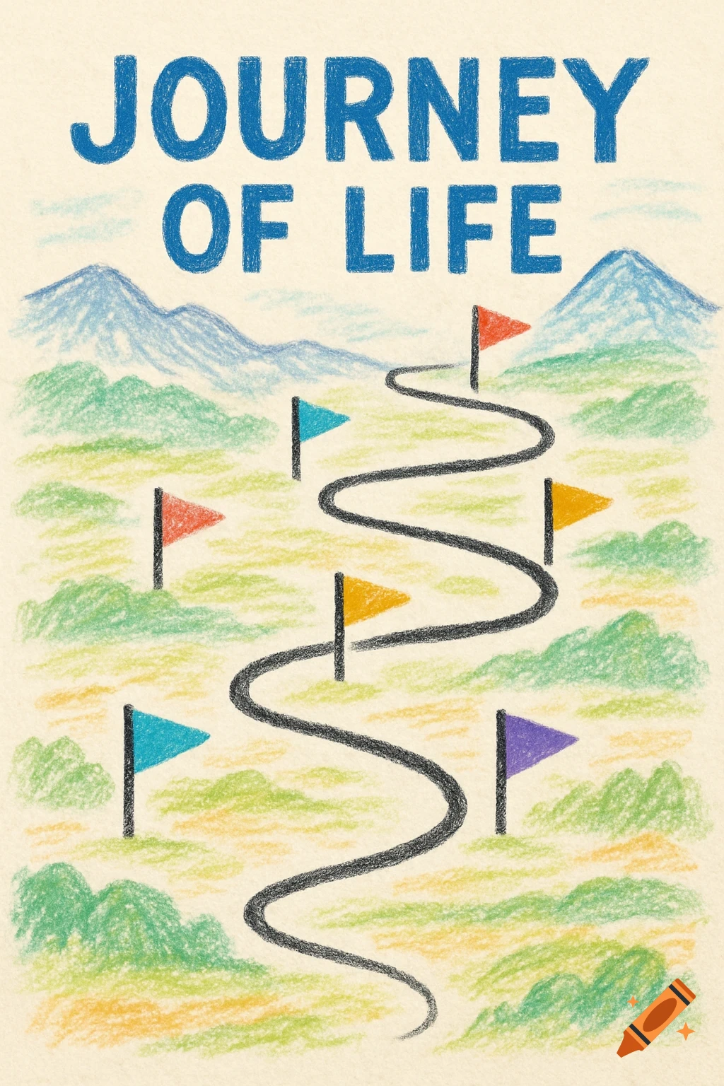 Hand-drawn crayon illustration of a winding path with colorful flags through a green landscape with mountains, under the text 'JOURNEY OF LIFE'.