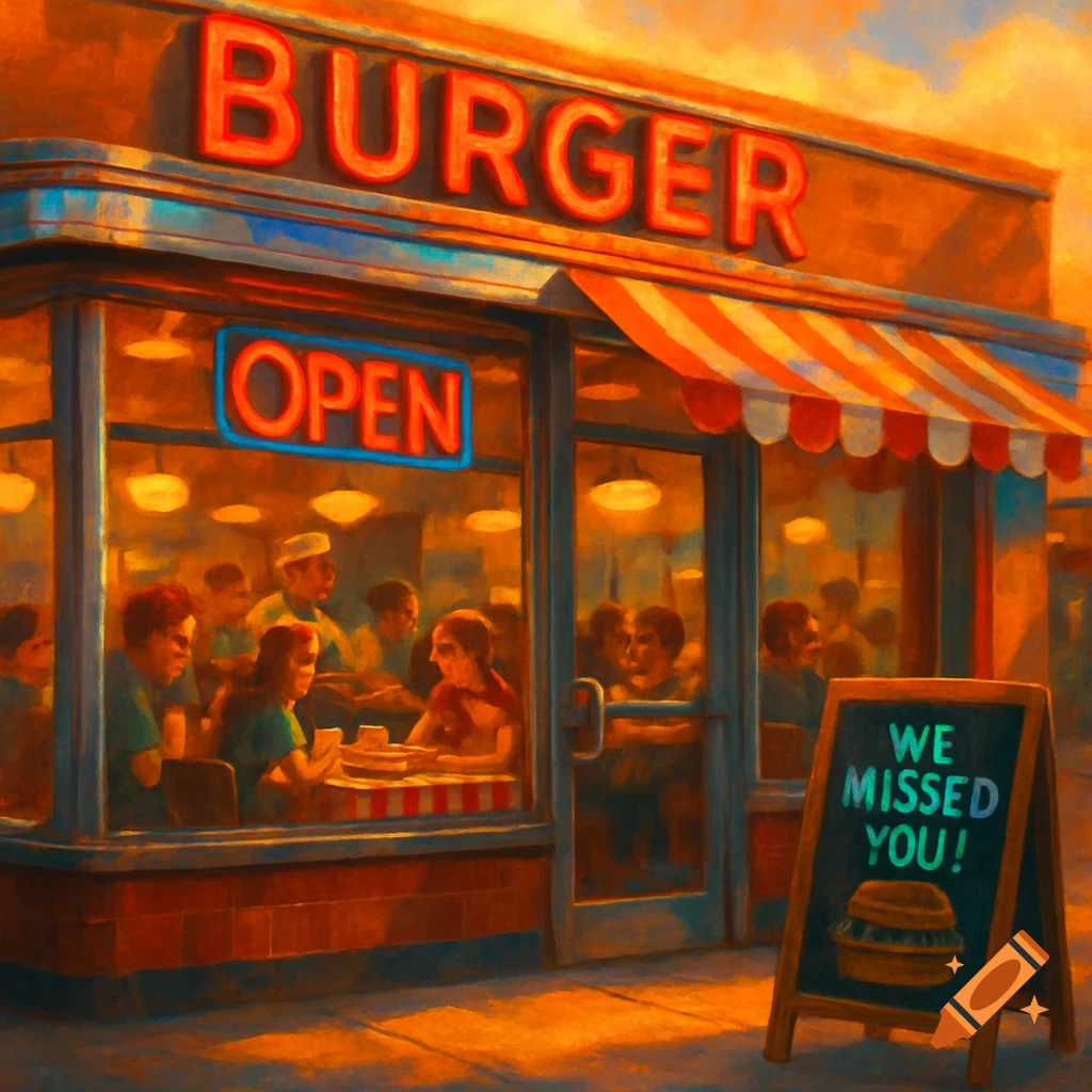 A painterly depiction of a vibrant burger joint at sunset, with 'BURGER' and 'OPEN' signs, diners inside, and a 'WE MISSED YOU!' chalkboard.