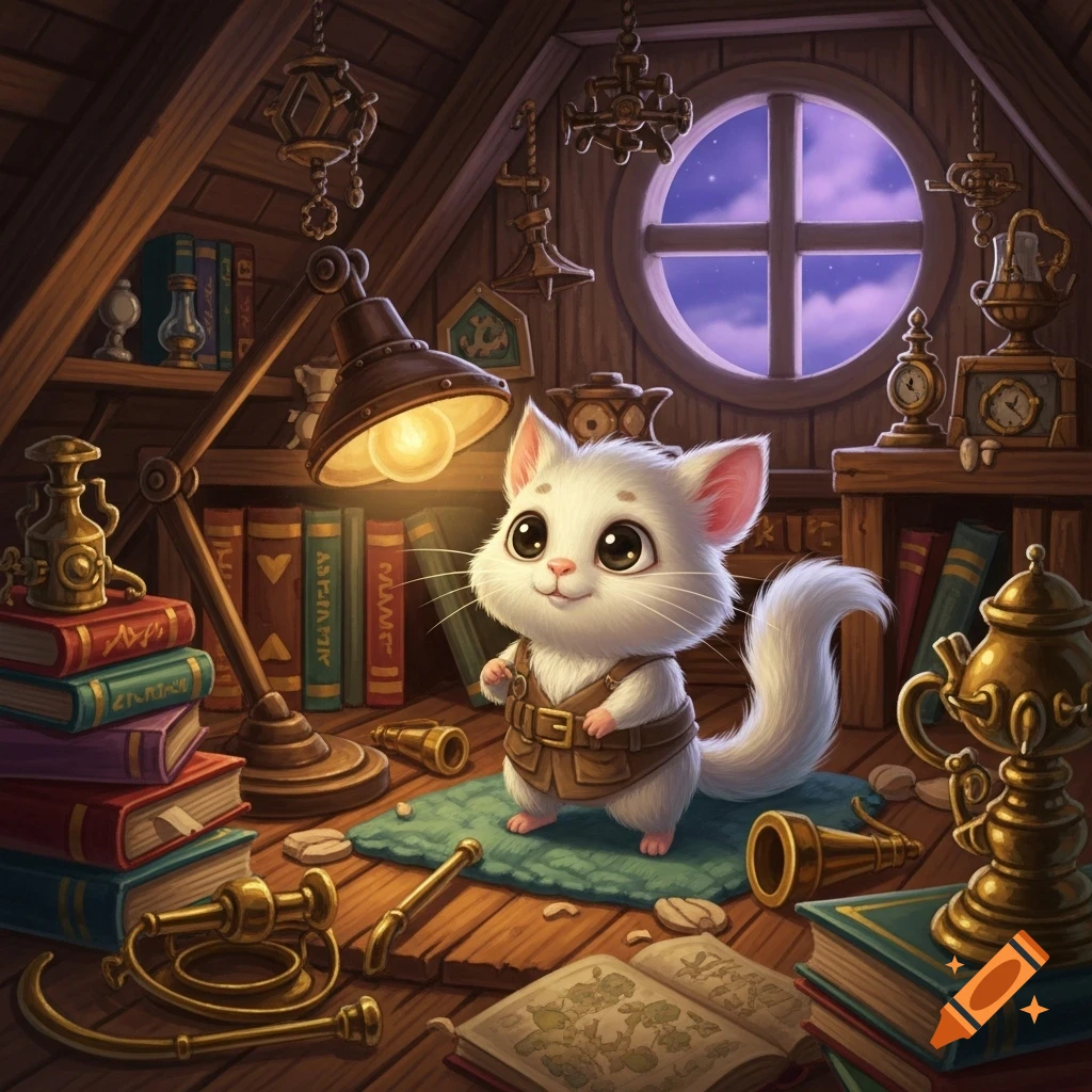 A cute, fluffy white cartoon cat wearing a brown vest stands in a cozy, cluttered attic with a glowing lamp, books, and antique instruments.