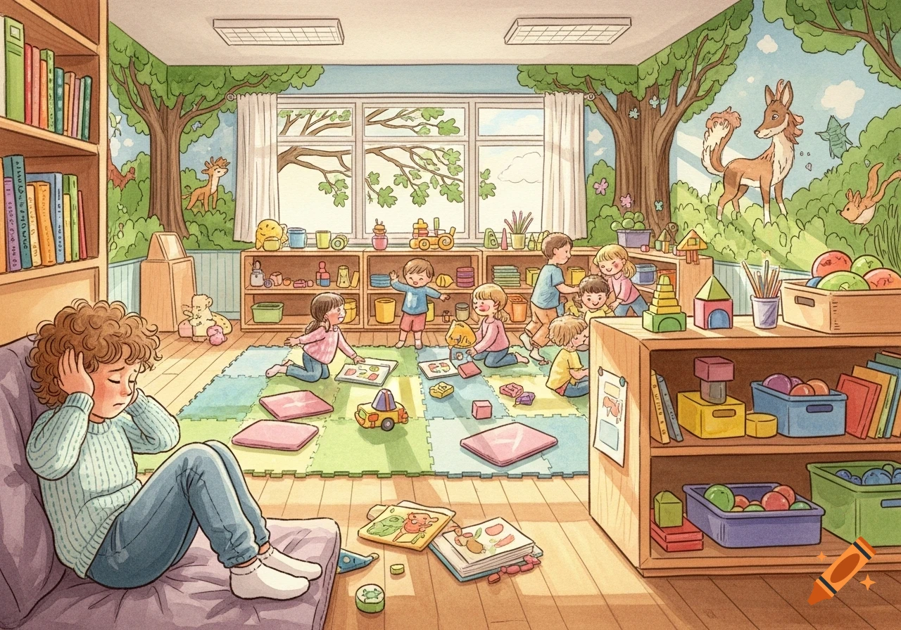 Illustration of a bustling kindergarten with children playing and one child overwhelmed by noise, covering their ears.
