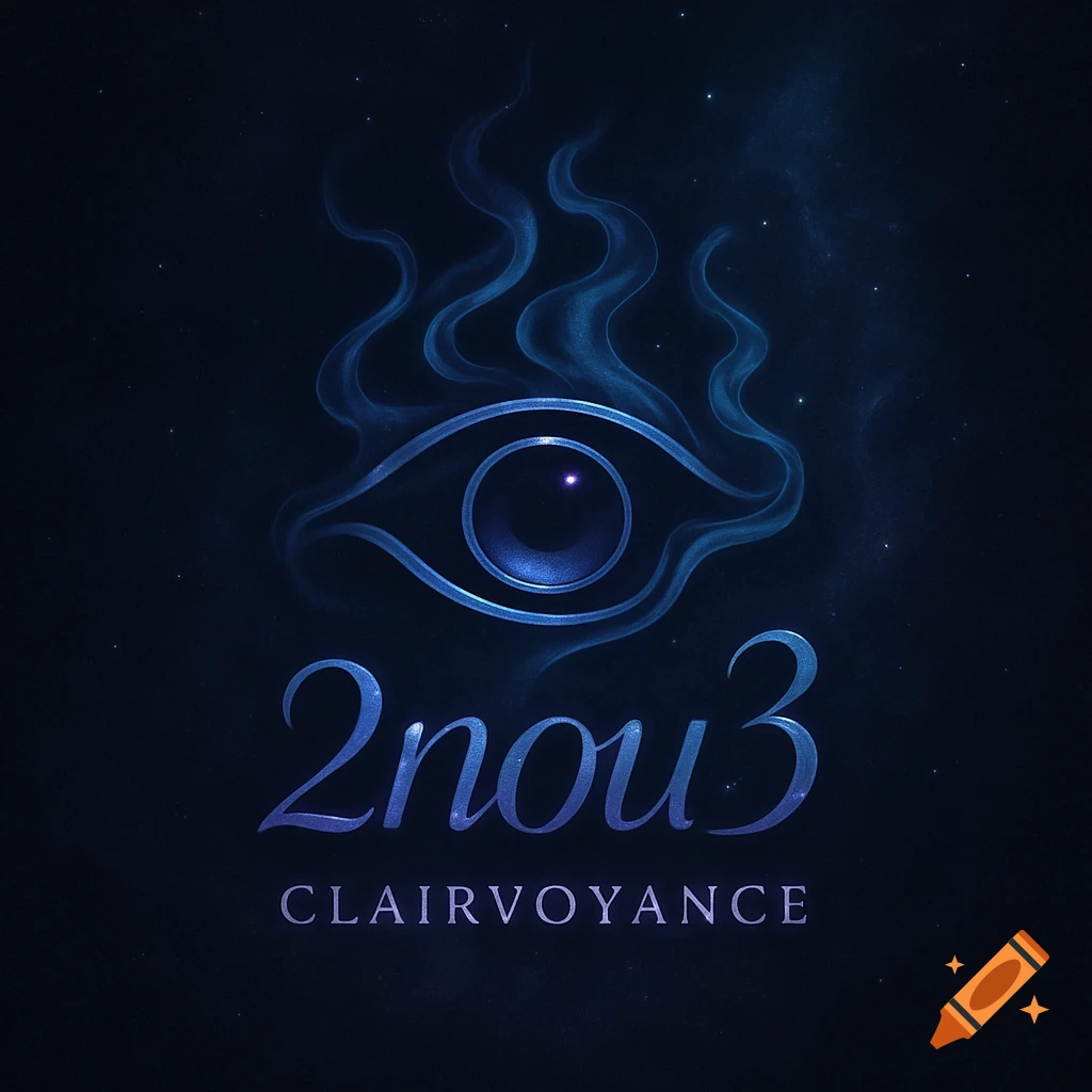 A dark blue logo features a glowing stylized eye with purple light, surrounded by smoke-like wisps, above the text "2nou3 CLAIRVOYANCE".