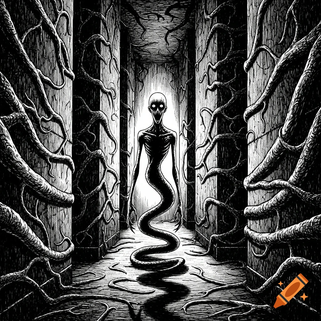 Black and white drawing of a creepy, slender, snake-like humanoid creature in a dark, root-covered corridor.