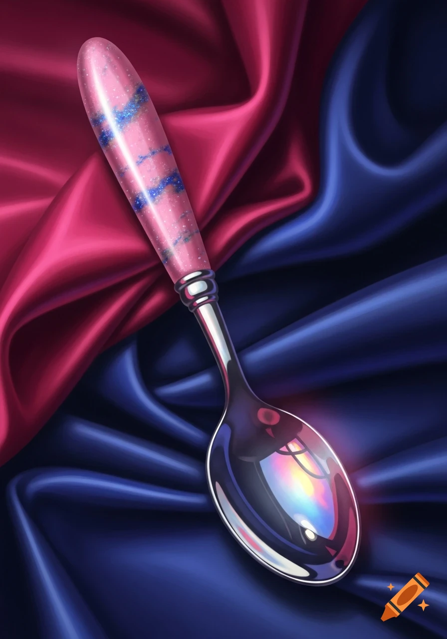 A shiny silver spoon with a pink, glittery handle streaked with blue, resting on draped pink and blue satin fabric.