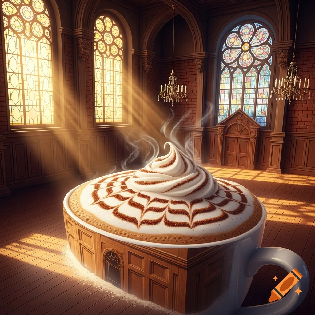 A giant cappuccino with whipped cream and latte art sits in a sunlit grand hall with large arched stained glass windows and chandeliers. The cup's base is detailed like a miniature building.