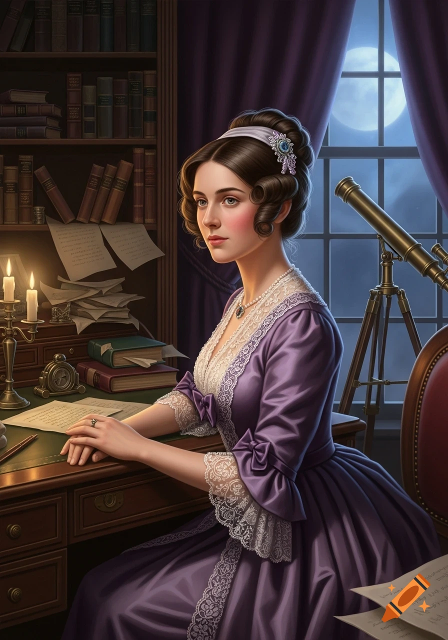 A woman in a purple dress and headband sits at a desk with papers, candles, and books, gazing out a window at a full moon.