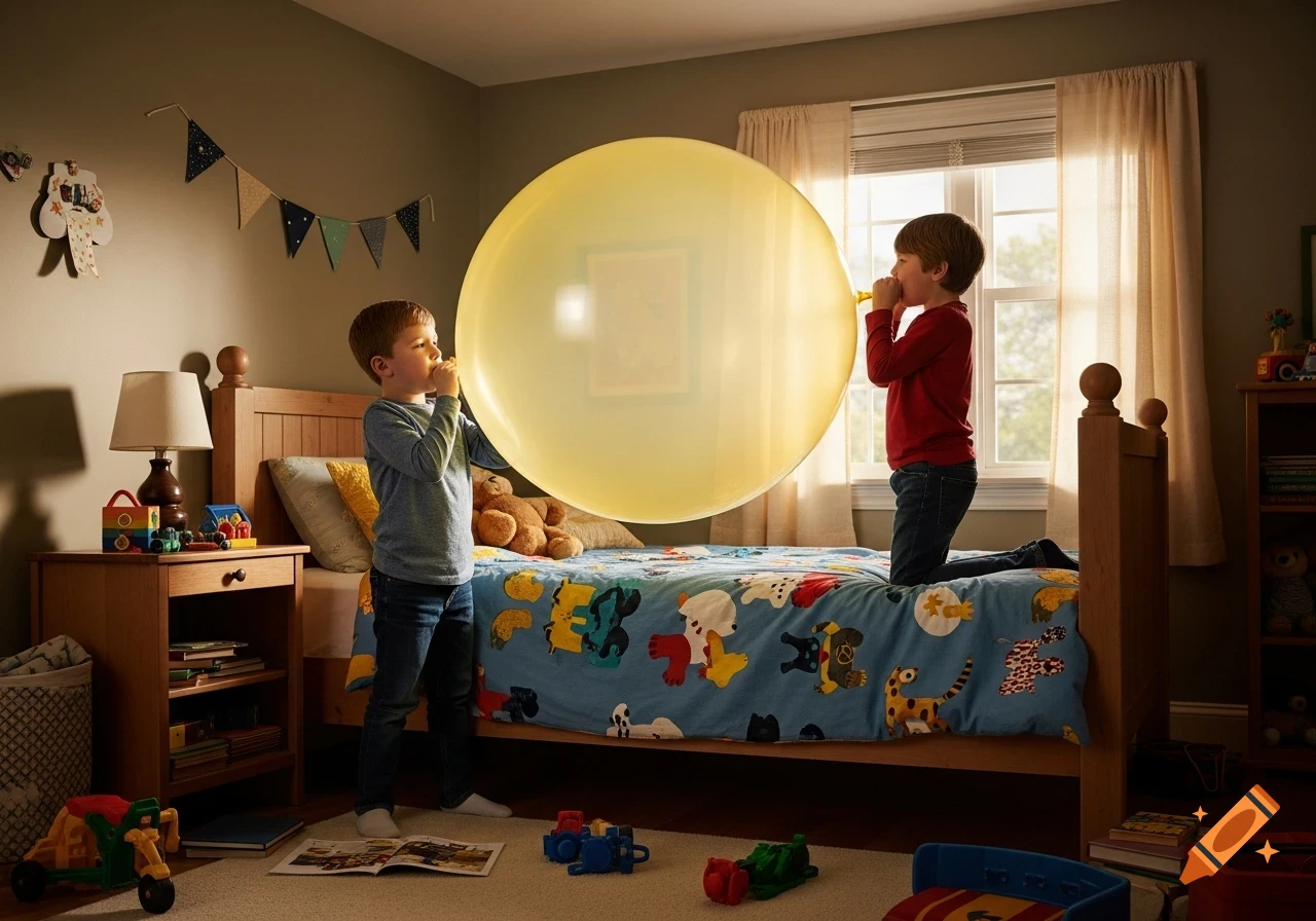 Two young boys in a bedroom, one inflating a giant yellow balloon, the other watching with hands over his ears.