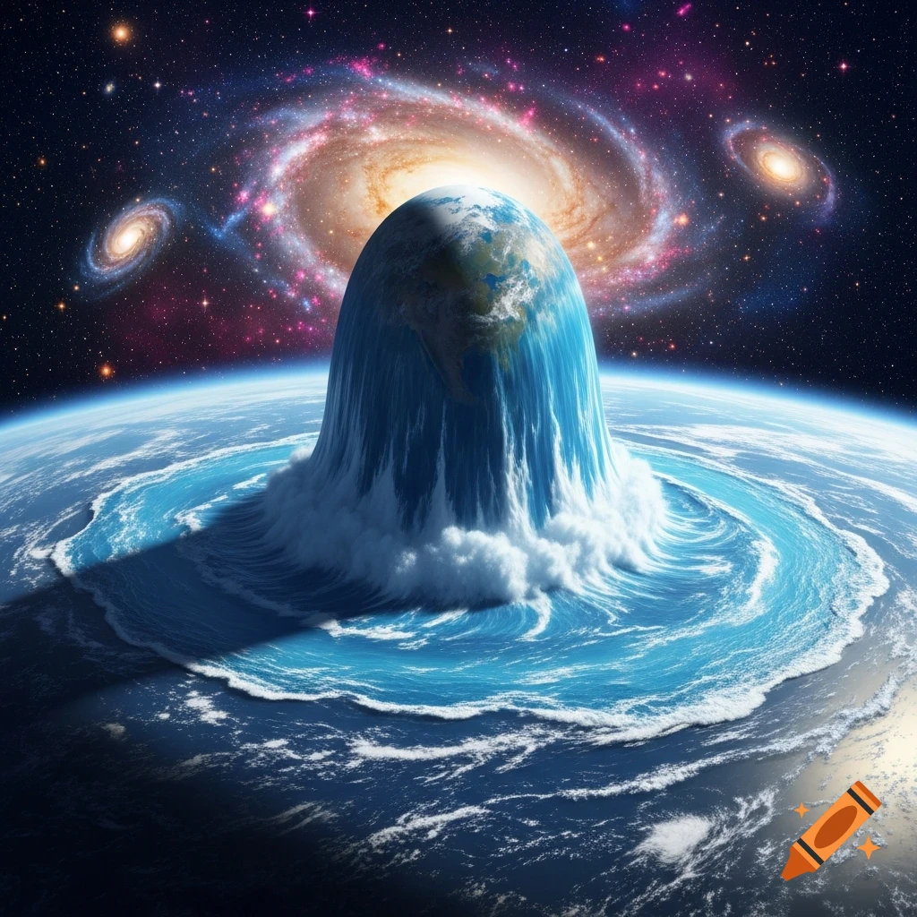 A massive column of ocean water rises from the Earth, submerging continents, set against a vibrant cosmic backdrop of galaxies and stars.