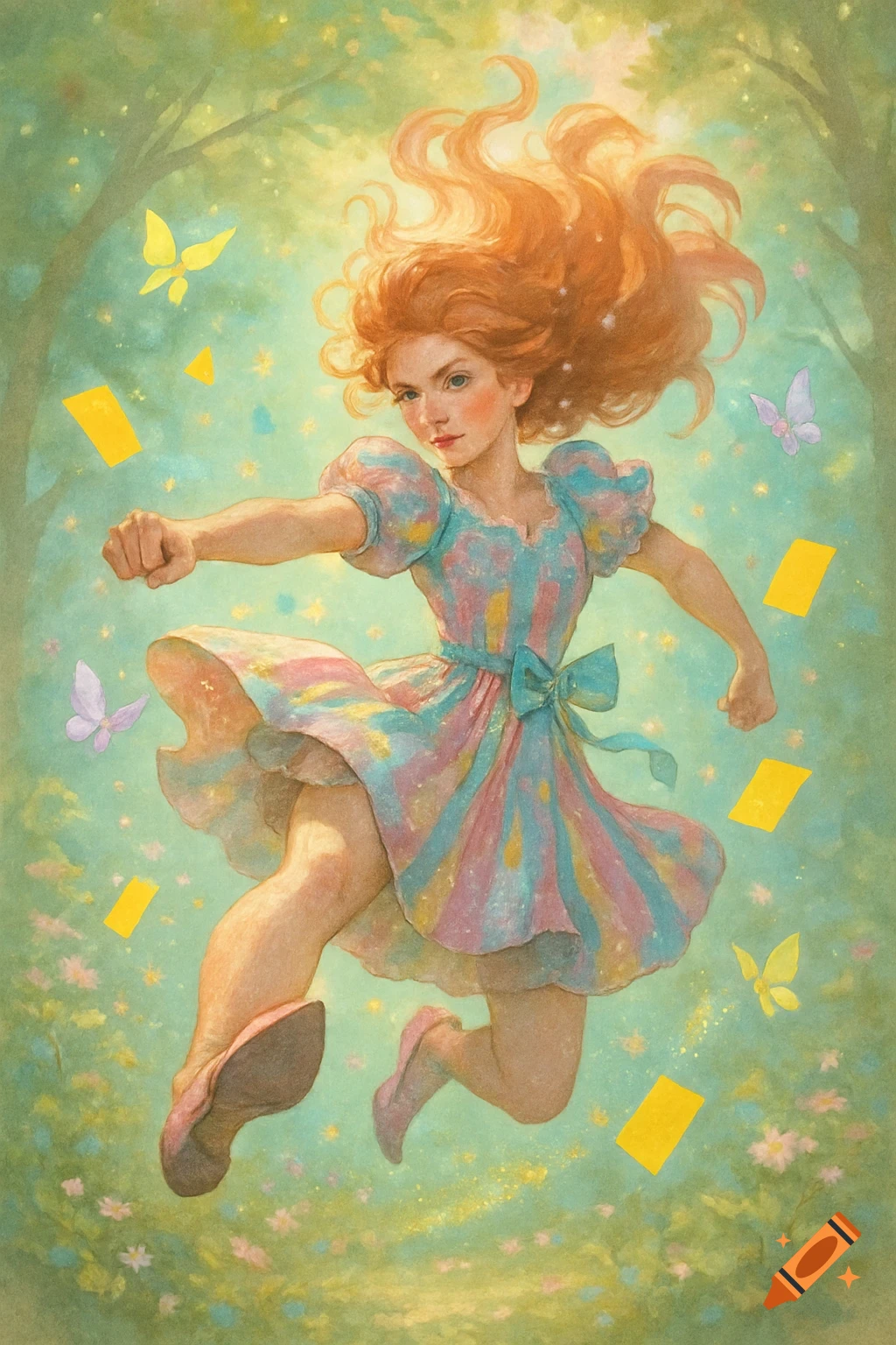 A red-haired woman in a colorful pastel dress jumps mid-air, surrounded by yellow rectangles, butterflies, and glowing particles in a whimsical, painterly forest.