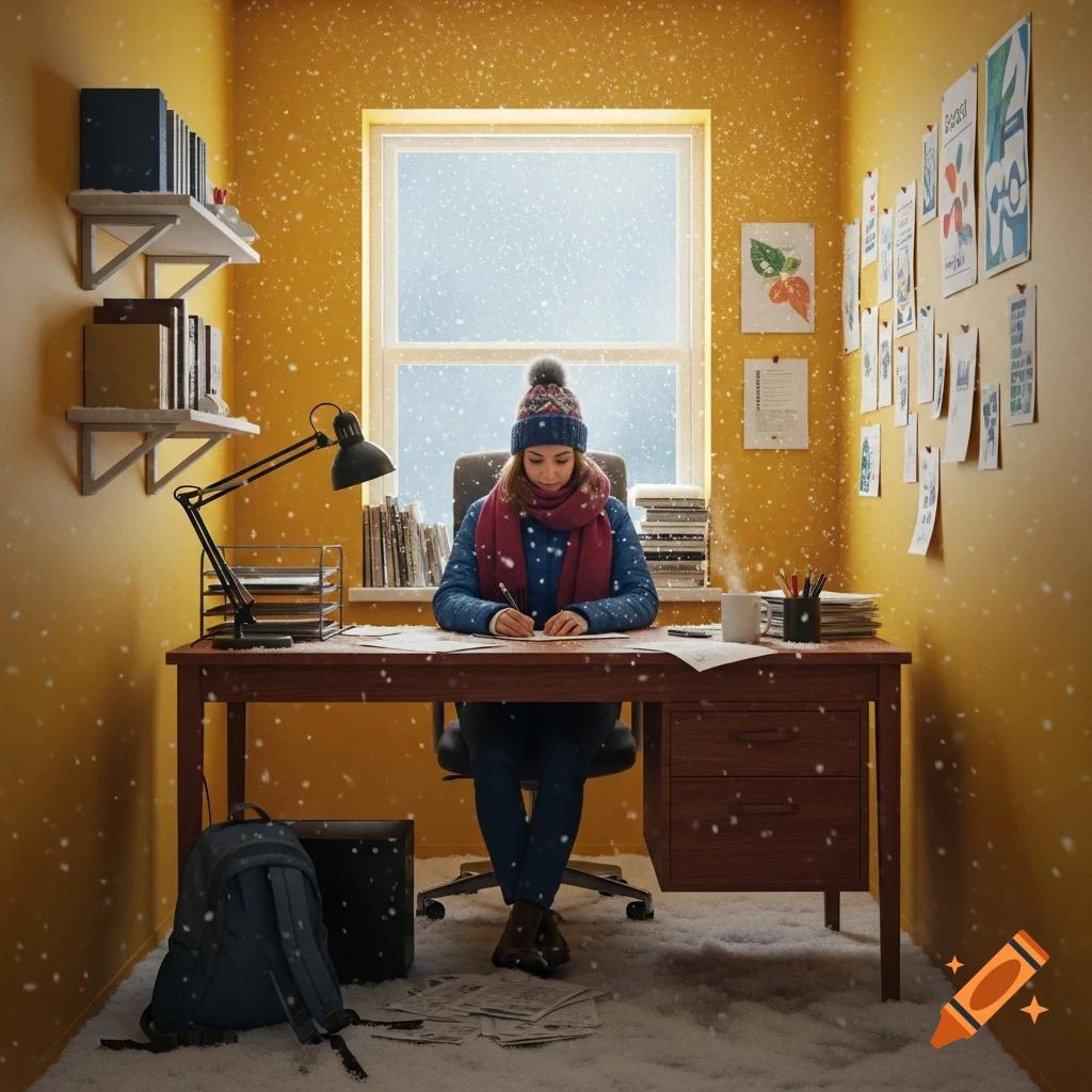 A woman in a winter hat and scarf works at a desk in a yellow-walled office, with snow falling indoors.