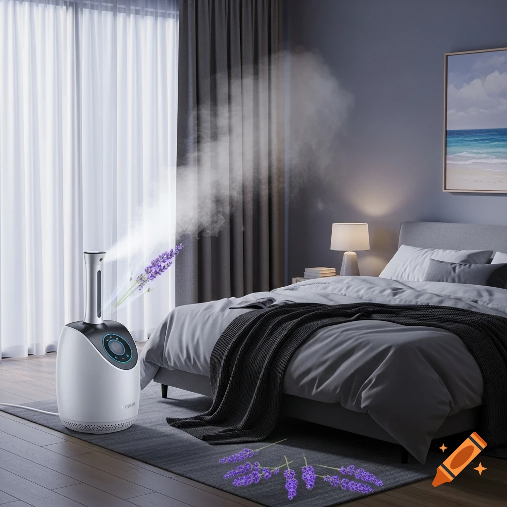 A modern white humidifier emits mist and lavender sprigs in a serene, dark-toned bedroom with a bed and lamp.