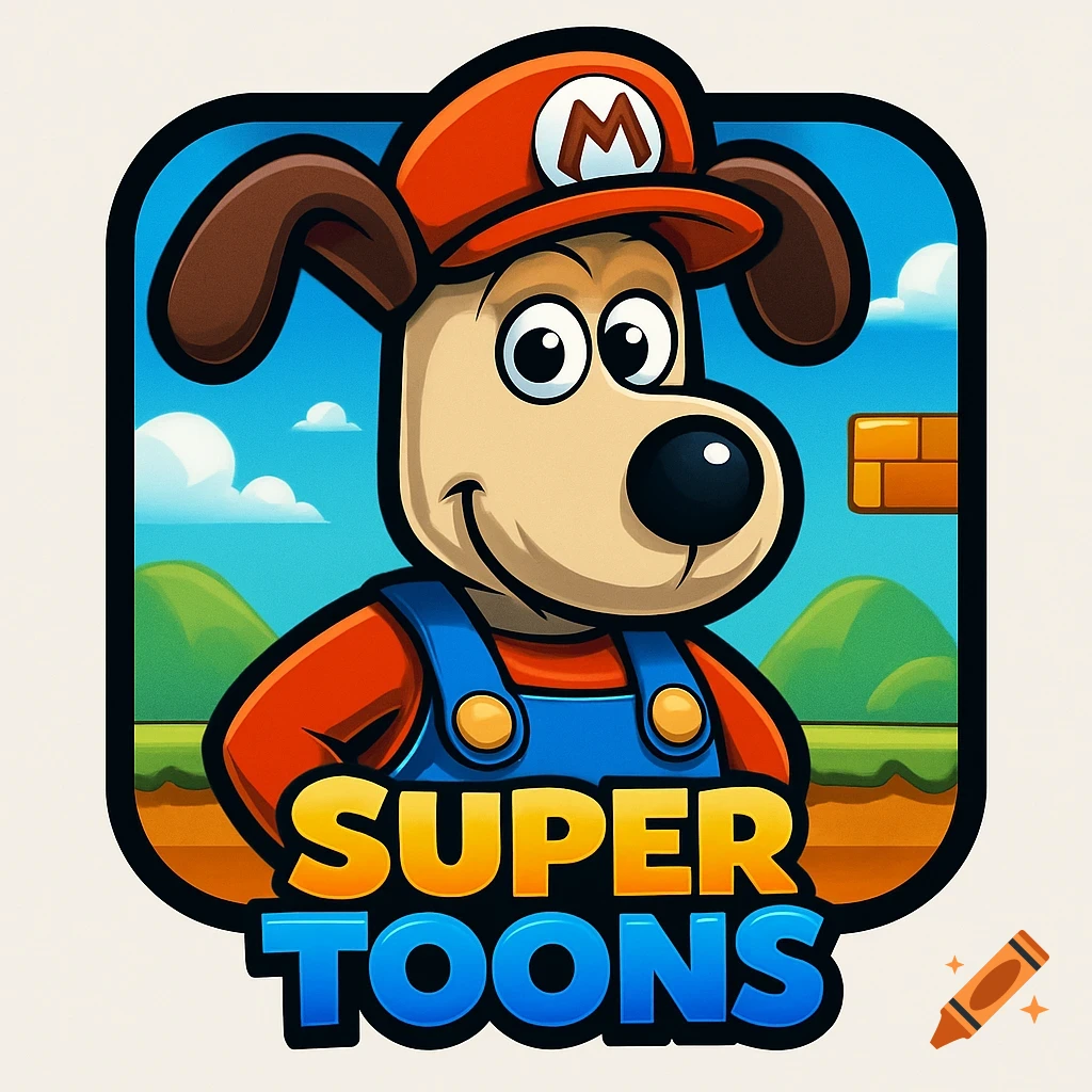 Cartoon icon of Gromit dressed as Super Mario with "SUPER TOONS" text on a Super Mario Bros. themed background.