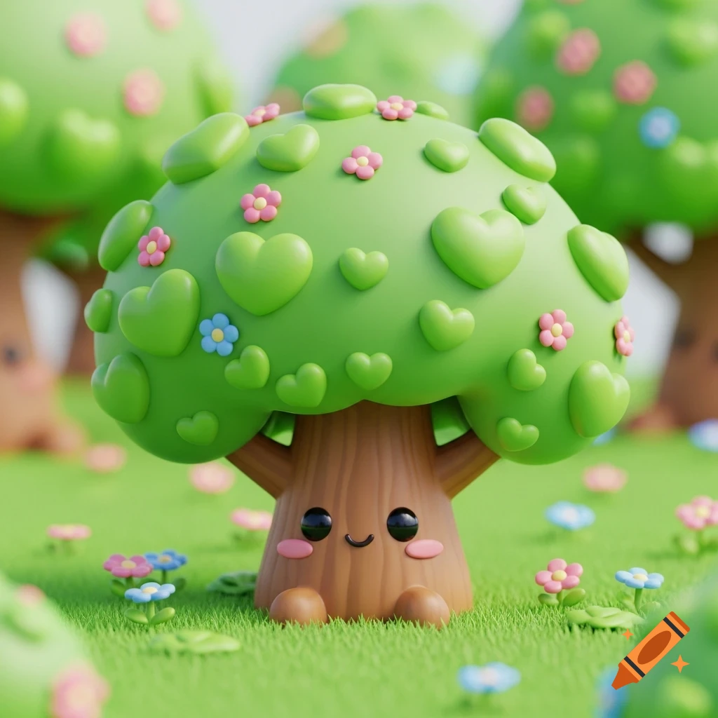 A cute 3D cartoon tree with a smiling face, big green heart-shaped leaves, and small pink and blue flowers in a grassy field.