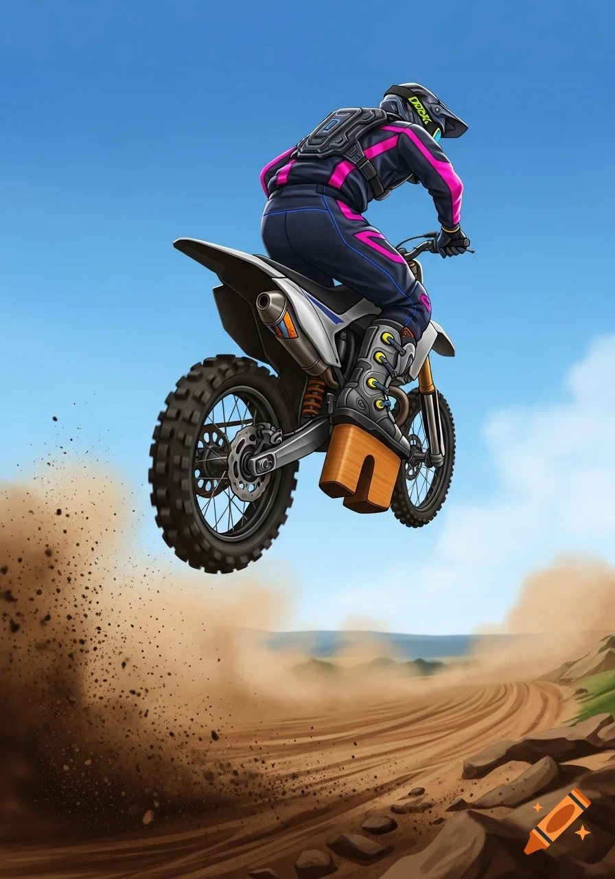 An illustration of a motocross rider in a pink and blue suit on a dirt bike, mid-air, kicking up dust.