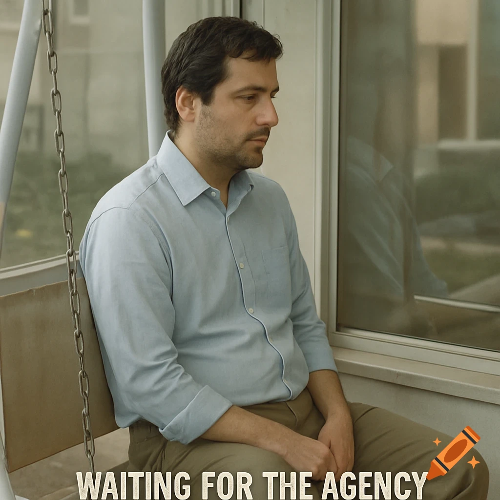 A man sits pensively on a swing indoors, looking out a window. Text at the bottom reads: "WAITING FOR THE AGENCY"