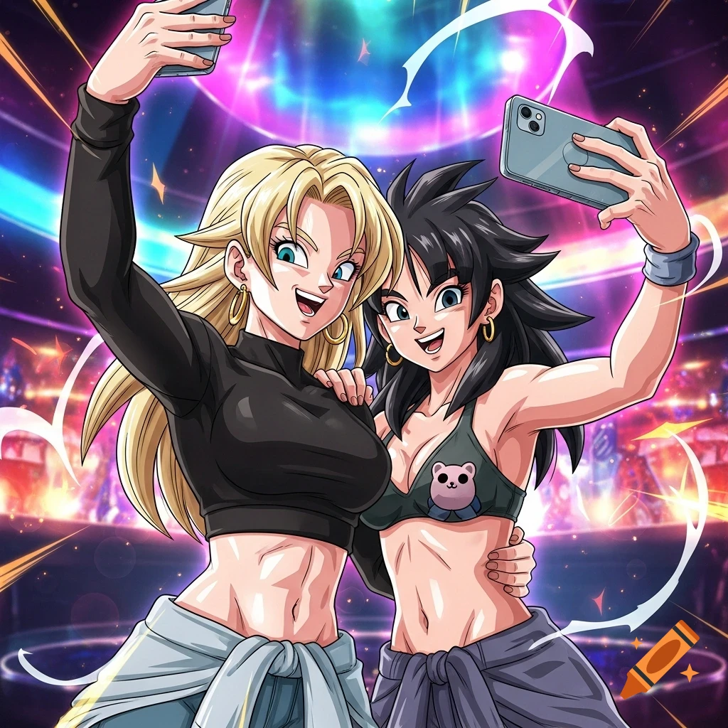 Two anime-style women, one blonde and one dark-haired, take a selfie in a neon nightclub, rendered in Dragon Ball Z art style.