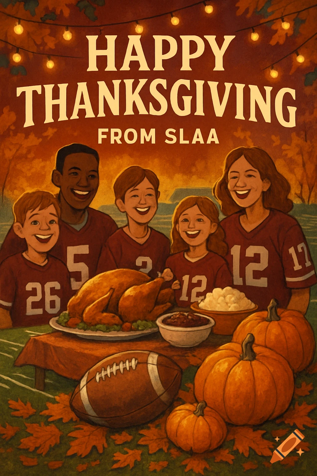 Illustrated diverse family enjoying a Thanksgiving feast with a turkey, pumpkins, football, and festive text.