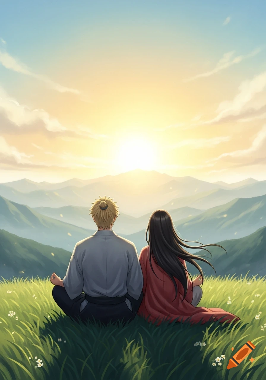 An anime man with a bun and a woman with long black hair, in traditional robes, sit in lotus position on a grassy mountain, watching the sunrise over misty peaks.