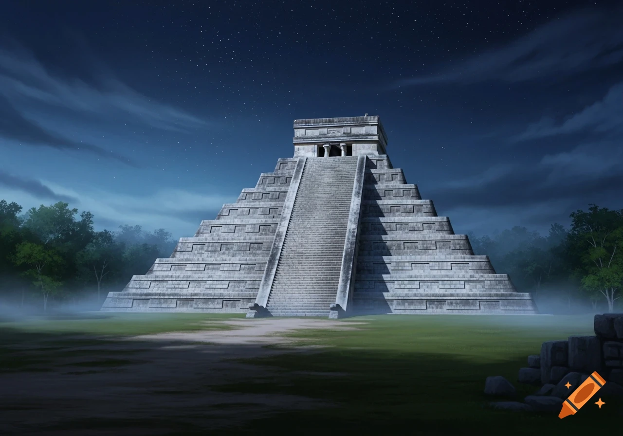 A grand stone pyramid stands under a starry night sky, surrounded by misty trees and a grassy foreground.