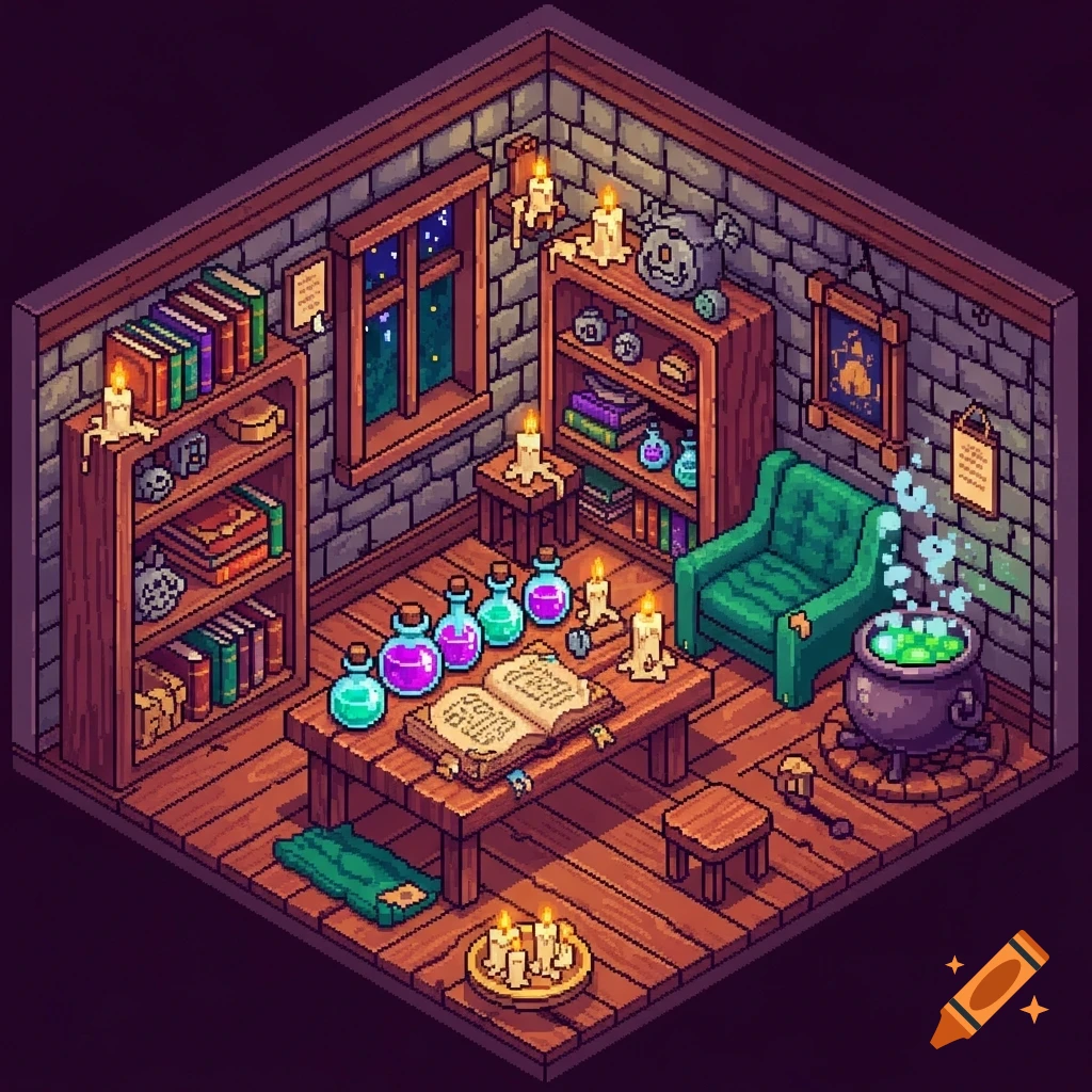Isometric pixel art of a witch's room with bookshelves, a table holding potions and an open spellbook, a green armchair, and a bubbling cauldron.