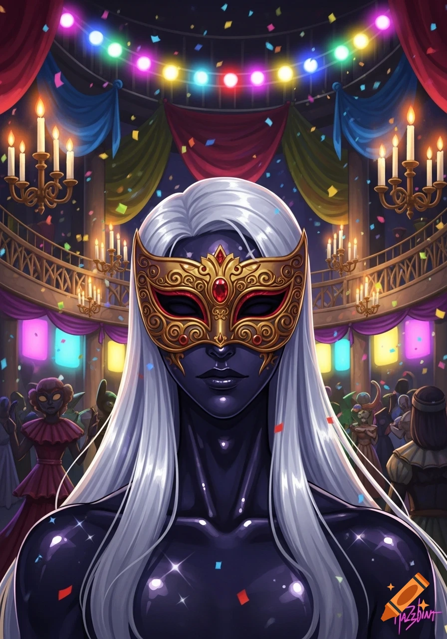 Dark-skinned humanoid with white hair and a golden masquerade mask at a vibrant, confetti-filled ball, anime style.
