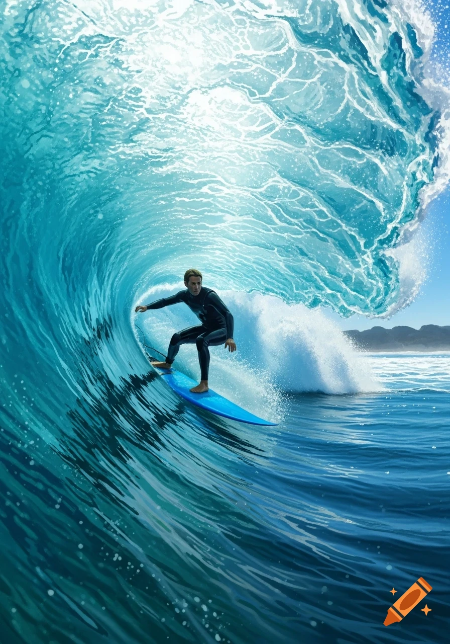 A surfer in a black wetsuit rides a blue surfboard inside a large, curling blue ocean wave under a bright sky.