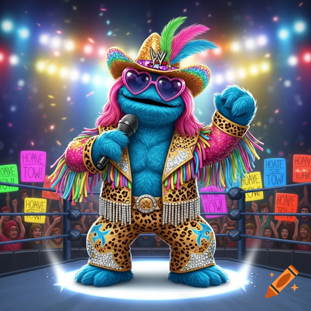 Cookie Monster dressed as Macho Man Randy Savage in a wrestling ring, wearing a sparkly leopard print and rainbow fringe outfit, cowboy hat, and heart sunglasses, holding a microphone to a cheering crowd.