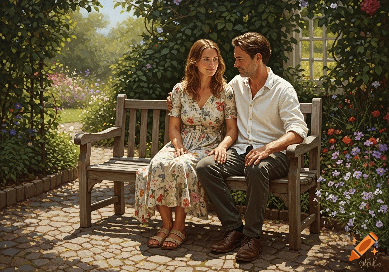 A man and woman in a garden, sitting on a wooden bench, rendered in a painterly style.
