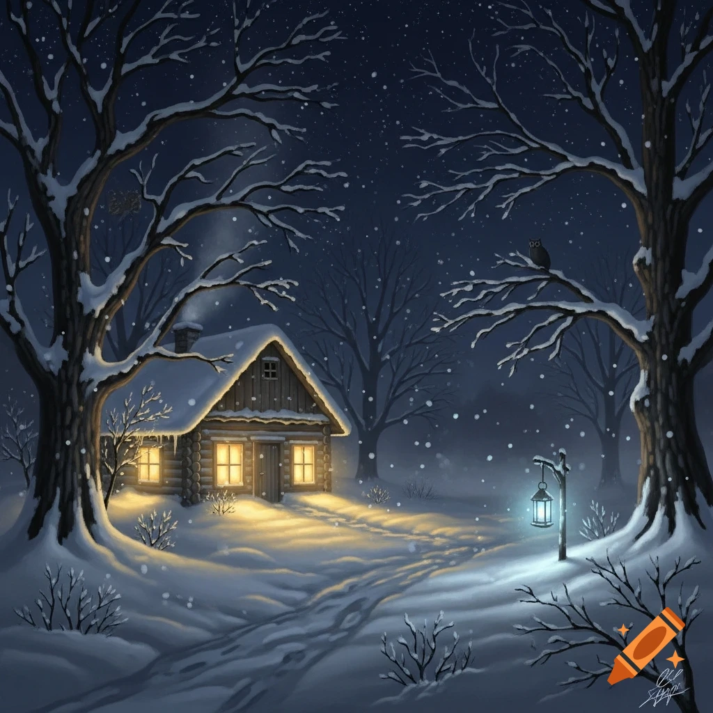 Cozy wooden cabin in a snowy forest at night, with warm lights from windows, a path in the snow, and a lit lantern. Digital painting style.