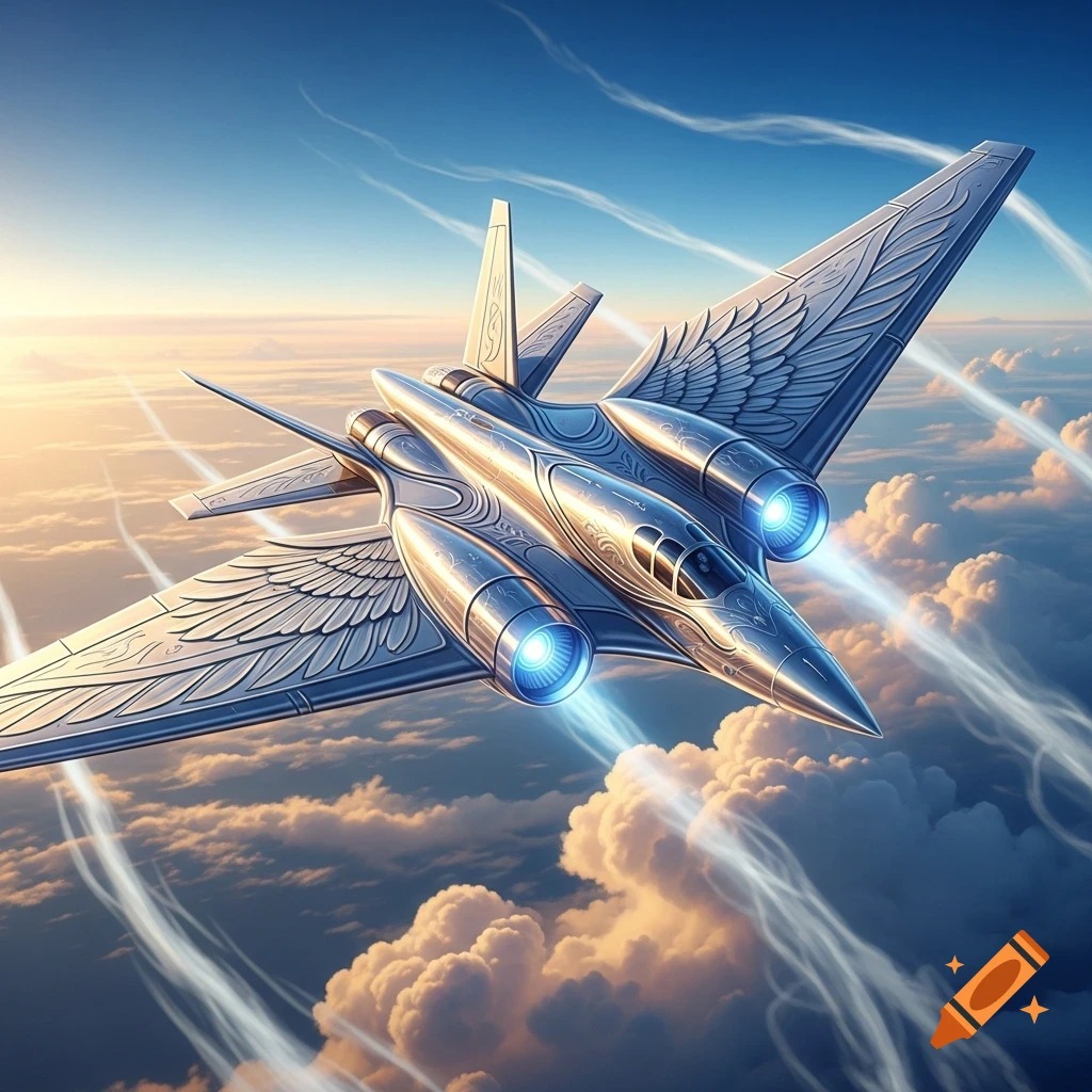 A detailed, shiny silver futuristic jet with large feathered wings and glowing blue engines flies high above clouds during sunset.