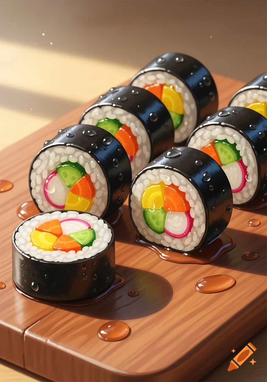 Stylized kimbap or sushi rolls with vibrant fillings and a glossy, jelly-like texture, on a wooden board with liquid droplets.