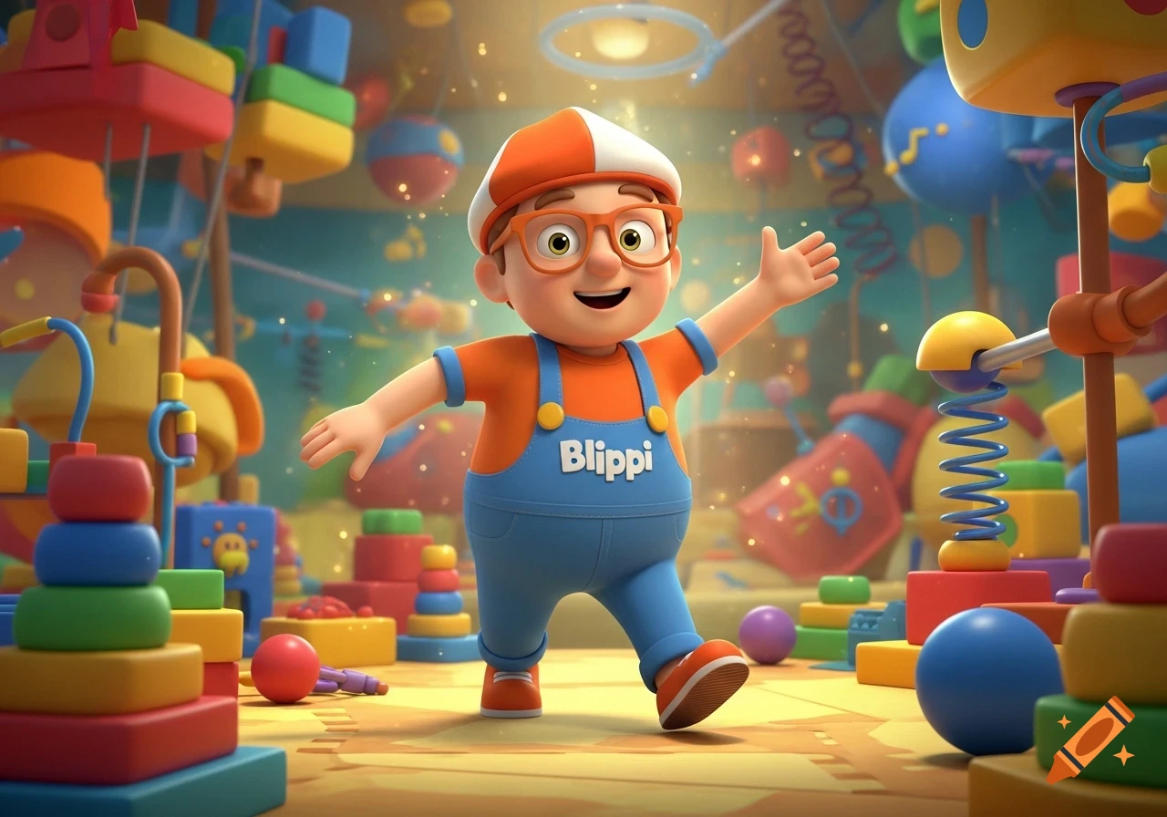Chubby cartoon Blippi waves in a vibrant, toy-filled playroom with colorful blocks and springs.