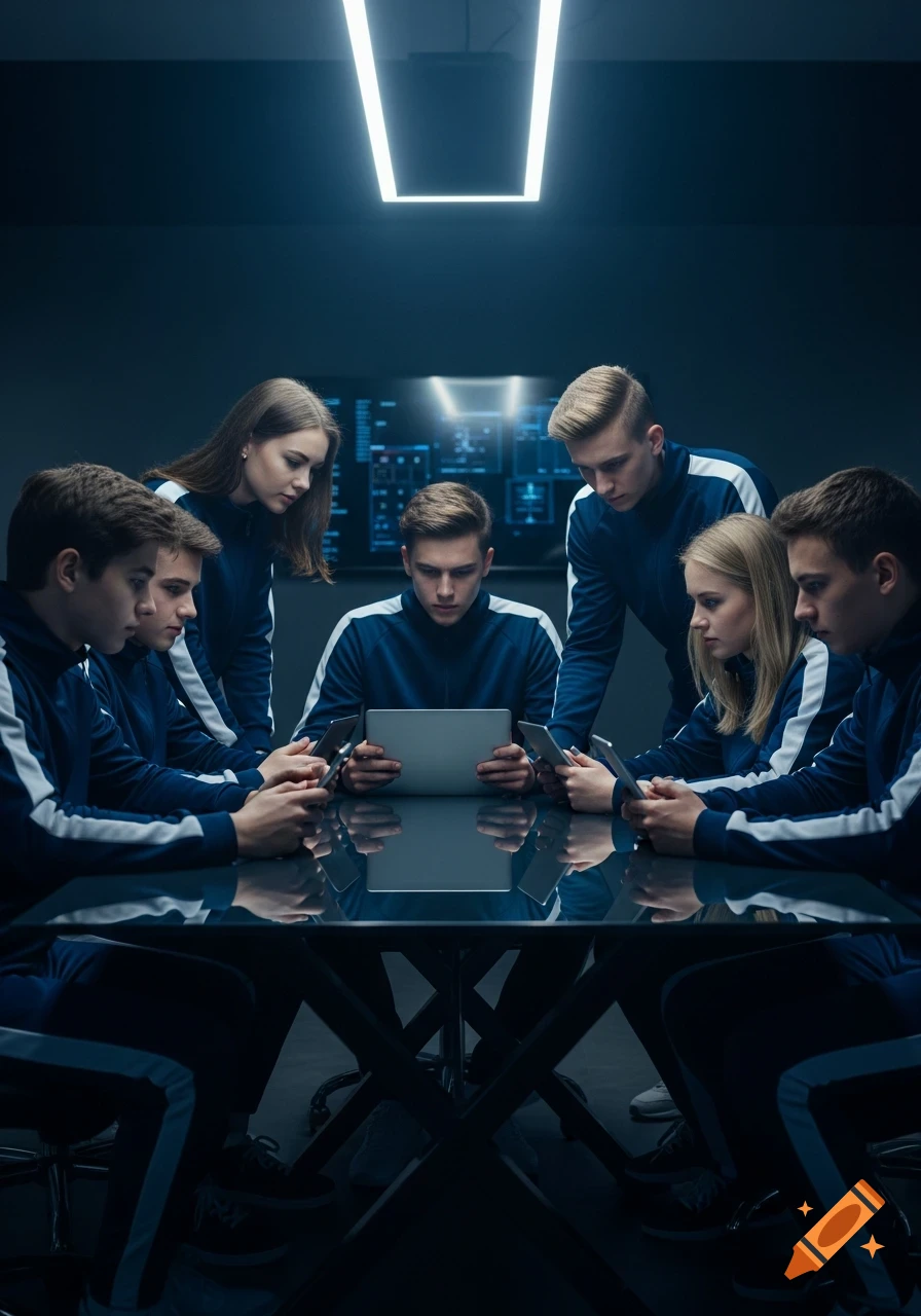 Young people in tracksuits intently using tablets and phones at a dark, reflective table in a modern, dim room.