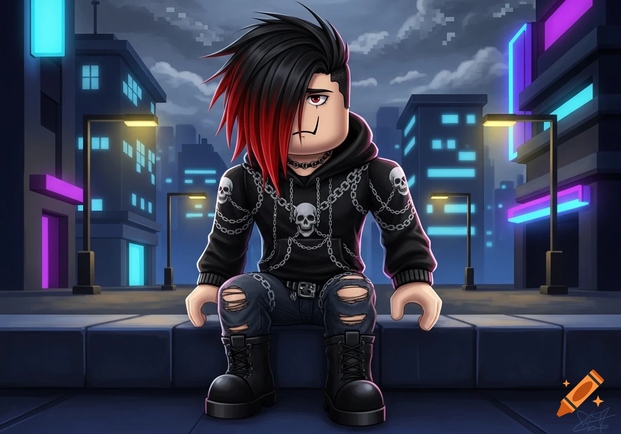 Roblox emo boy with black and red hair, wearing a skull-patterned hoodie, ripped jeans, and combat boots, sitting on a ledge in a neon-lit city at night.