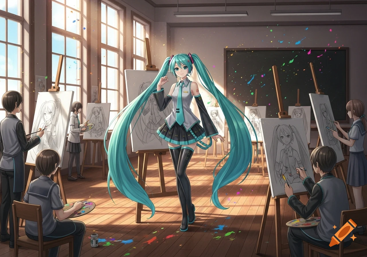 Hatsune Miku poses as a model in a sunlit anime art classroom where students sketch her.