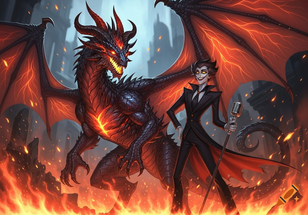 A stylized dark fantasy scene with a menacing demon dragon and a dapper male character with a microphone, surrounded by fire.
