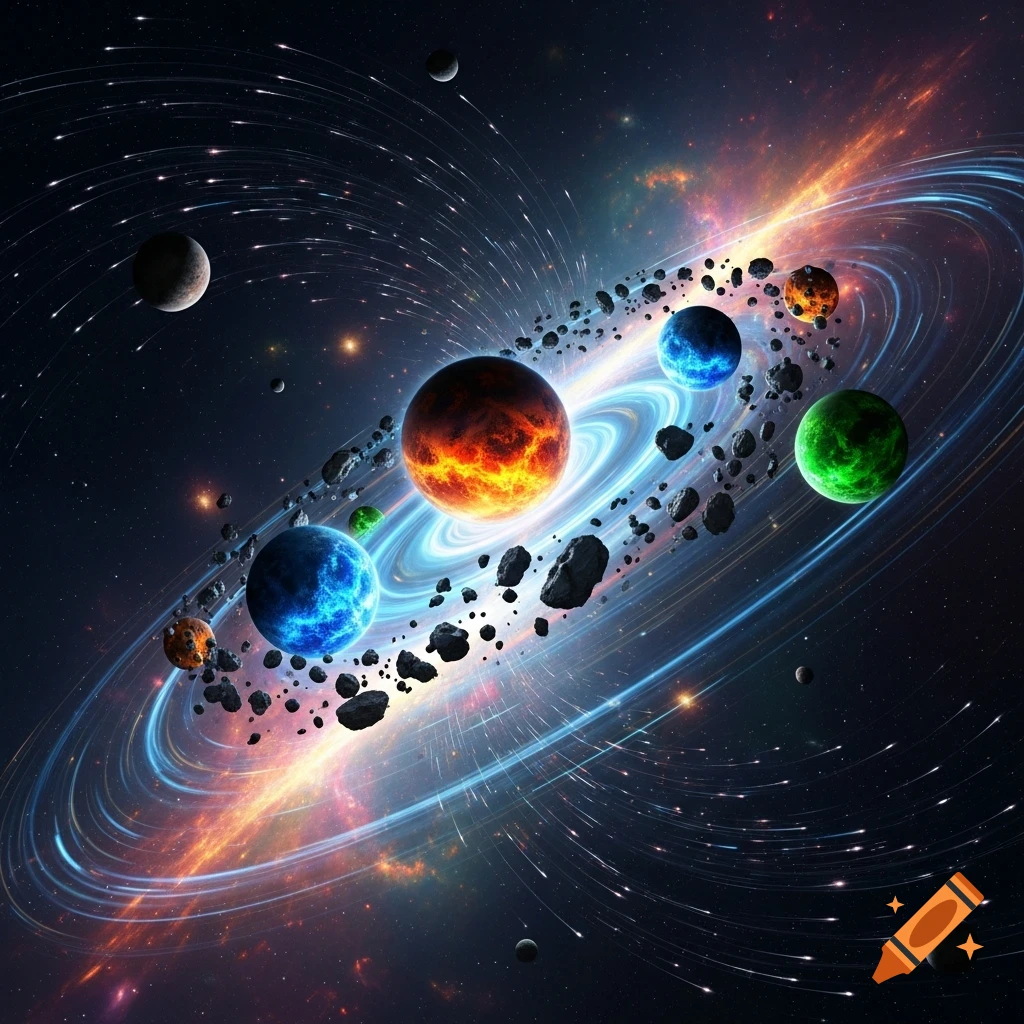 Colorful planets orbit a vibrant, swirling galaxy-like structure with an asteroid ring in deep space.
