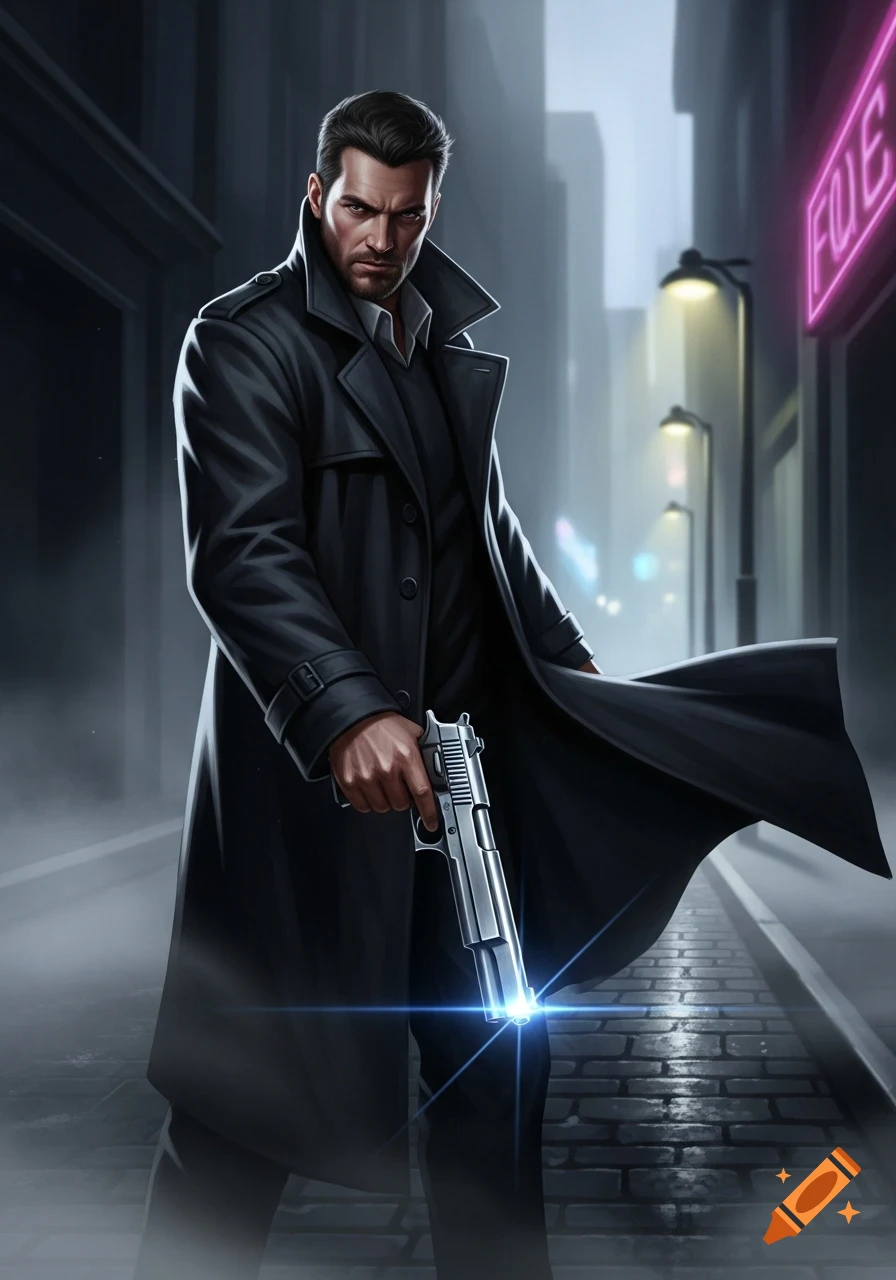 A stern man in a black trench coat holds a pistol on a misty city street at night, with a neon sign in the background.