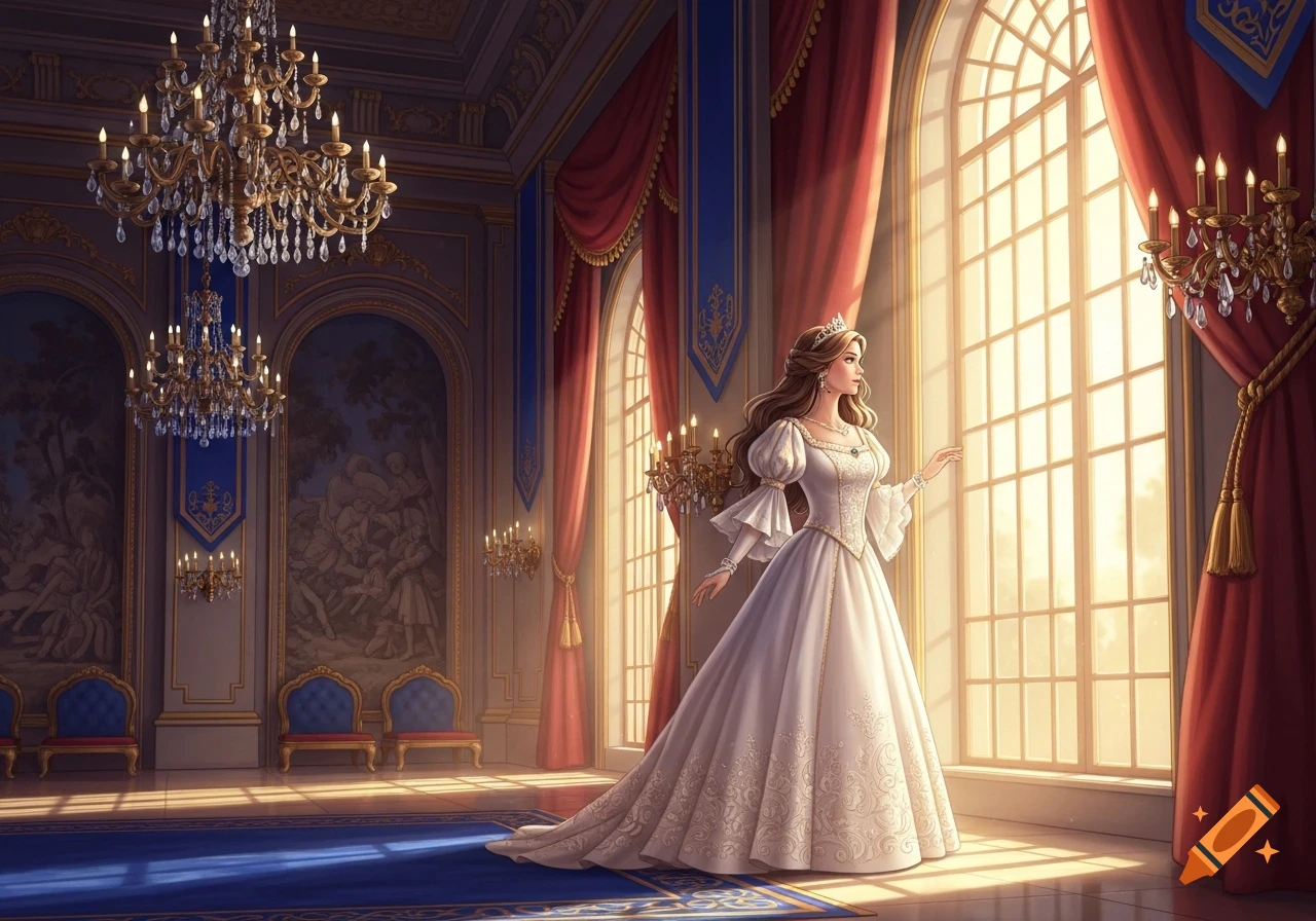 A princess in a white gown stands in a grand palace hall, gazing out a sunlit arched window.